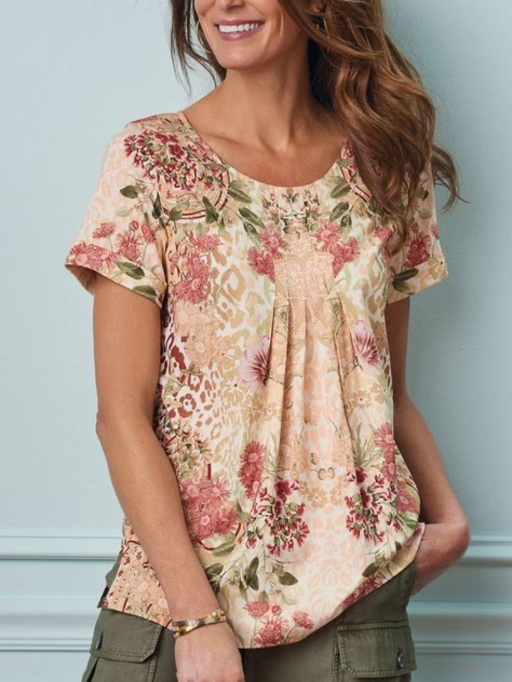 Soft Surroundings Cusabo Floral Pleated Short Sleeve Top
